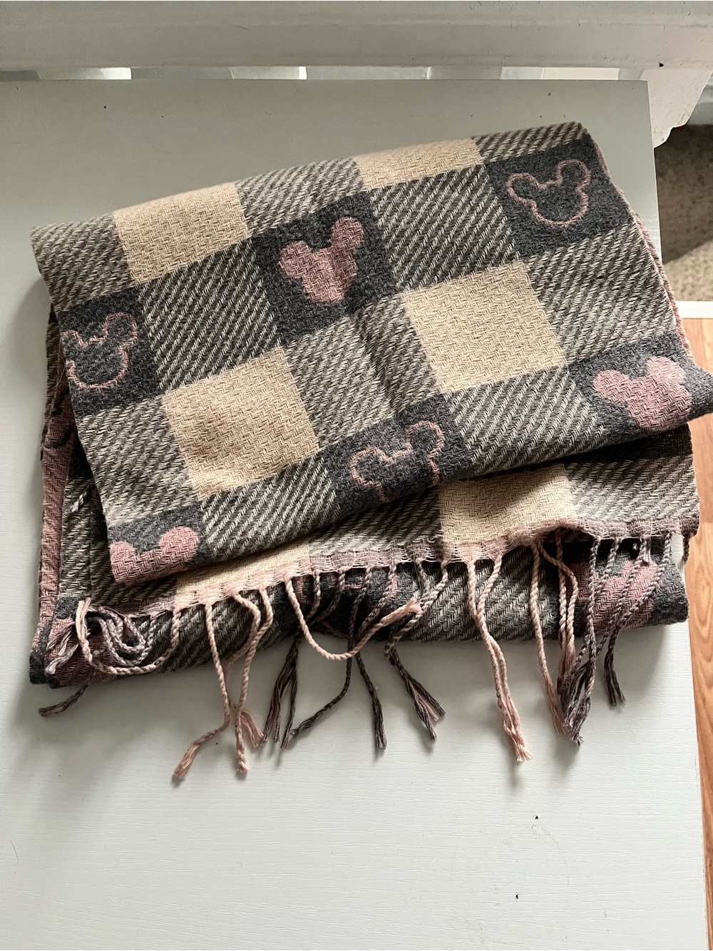 Disney Pink and Gray Plaid Mickey Mouse Fringe Scarf Wrap